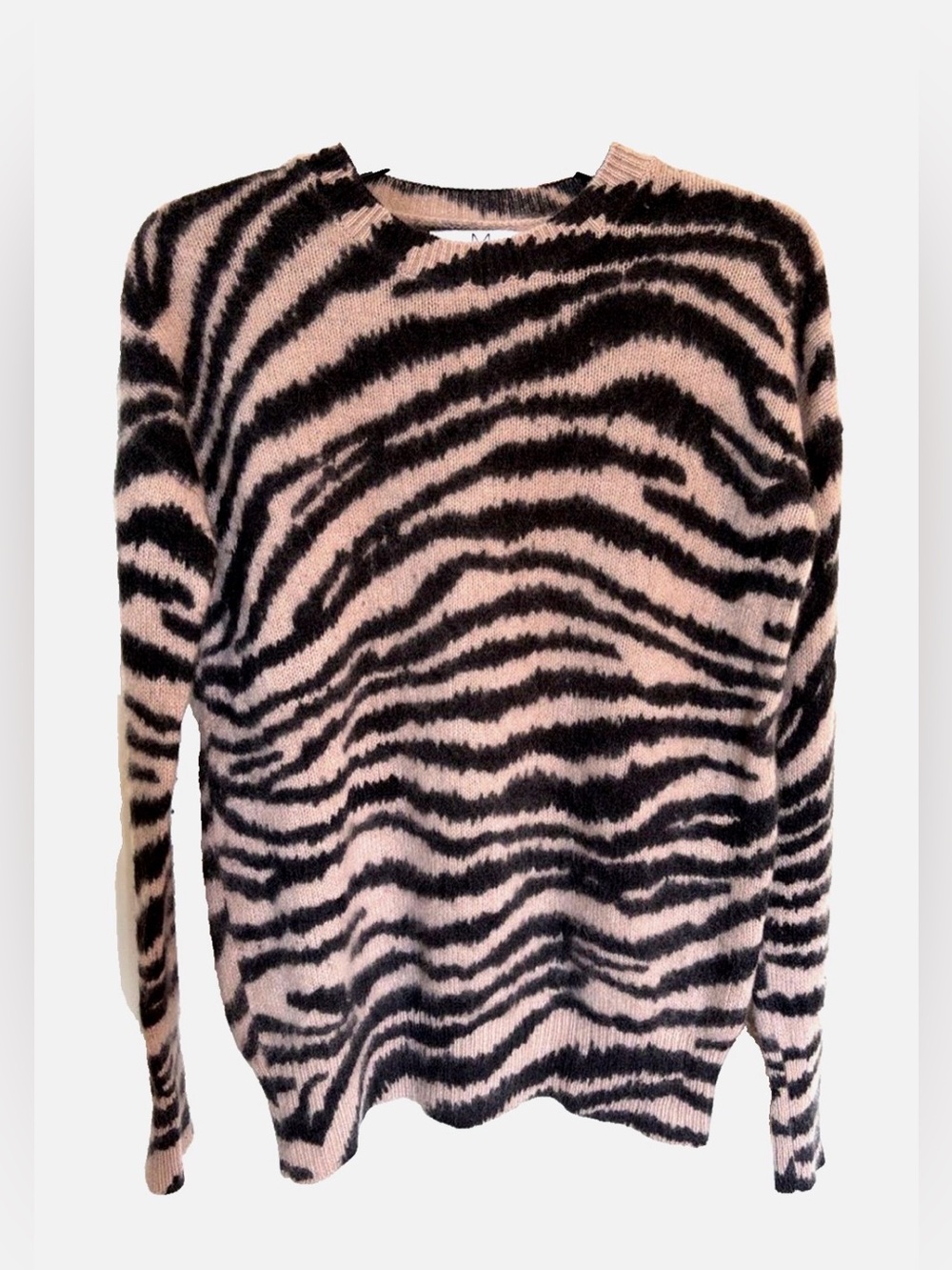 Magaschoni 100% Cashmere Zebra Sweater M Beige Black Animal Print